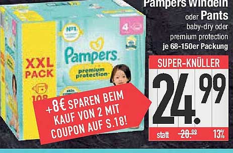 Pampers Windeln oder Pants baby-dry oder premium protection je 68-150er Packung
