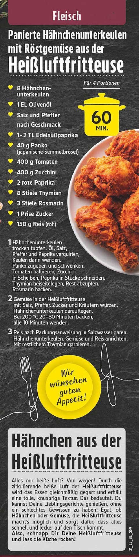 Panierte Hähnchenunterkeulen mit Röstgemüse aus der Heißluftfritteuse