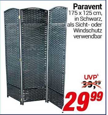 Paravent 175 x 125 cm, in Schwarz, als Sicht- oder Windschutz verwendbar