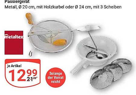 Passiergerät, Ø 20 cm, mit Holzkurbel oder Ø 24 cm, mit 3 Scheiben