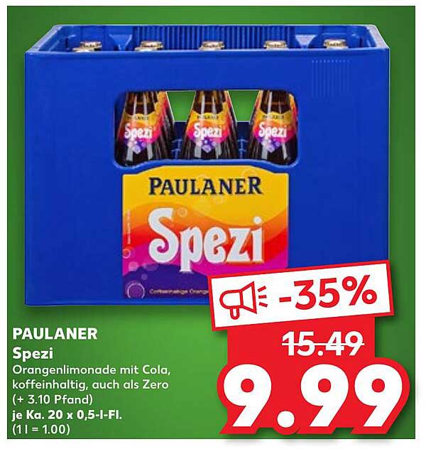 PAULANER Spezi - kohlensäurehaltige Erfrischung in der praktischen 20er Kiste