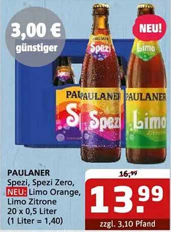 PAULANER Spezi, Spezi Zero, Limo Orange, Limo Zitrone 20 x 0,5 Liter