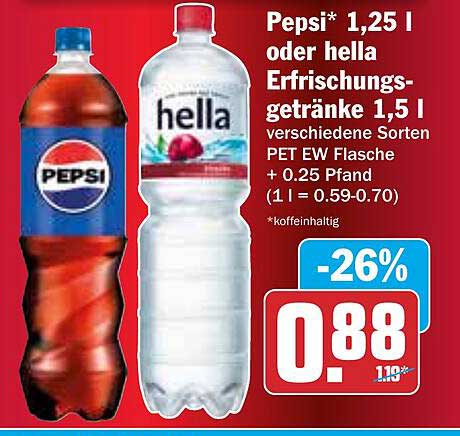 Pepsi 1,25 l oder hella Erfrischungsgetränke 1,5 l