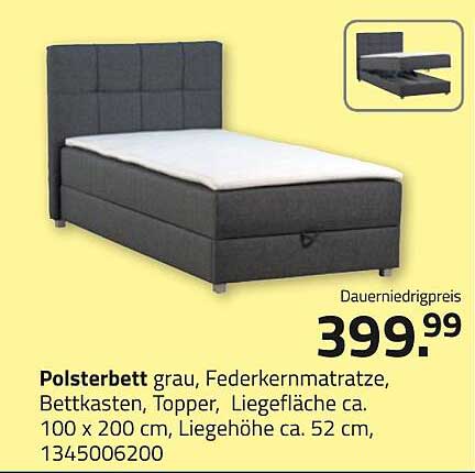 Polsterbett grau mit Federkernmatratze und Bettkasten
