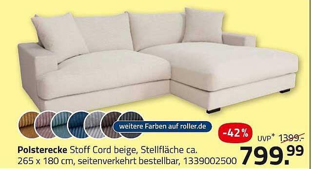 Polstercke Stoff Cord beige, Stellfläche ca. 265 x 180 cm