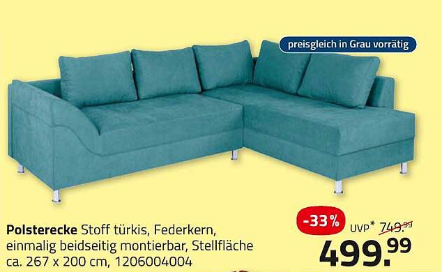 Polsterecke Stoff türkis, Federkern, einmalig beidseitig montierbar, Stellfläche ca. 267 x 200 cm
