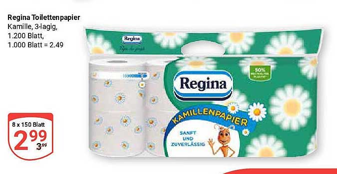 Regina Toilettenpapier Kamille, 3-lagig, 1.200 Blatt