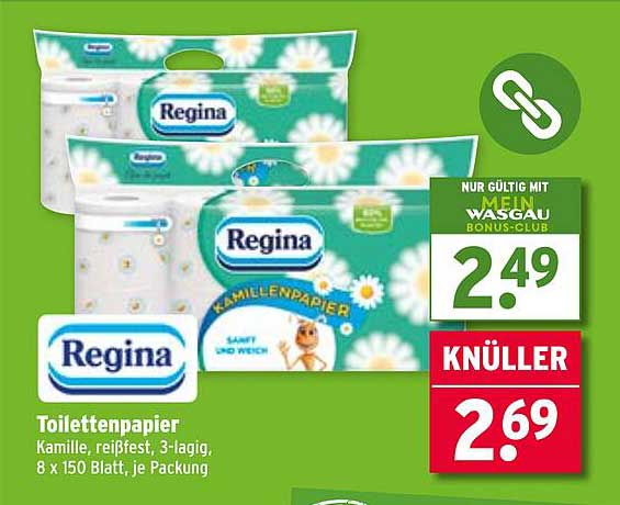 Regina Toilettenpapier Kamille, reißfest, 3-lagig, 8 x 150 Blatt, je Packung