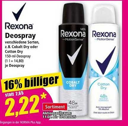 Rexona Deospray – 150 ml in verschiedenen Sorten (z.B. Cobalt Dry & Cotton Dry)