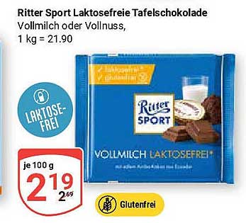 Ritter Sport Laktosefreie Tafelschokolade Vollmilch oder Vollnuss