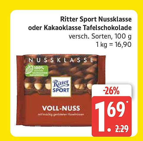 Ritter Sport Nussschokolade oder Kakaoklasse Tafel, 100 g