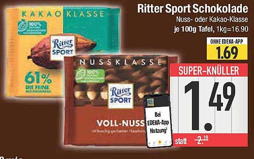 Ritter Sport Schokolade Nuss- oder Kakao-Klasse je 100g Tafel, 1kg=16,90