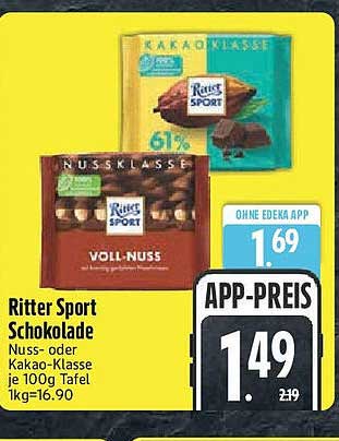 Ritter Sport Schokolade Nuss- oder Kakao-Klasse je 100g Tafel