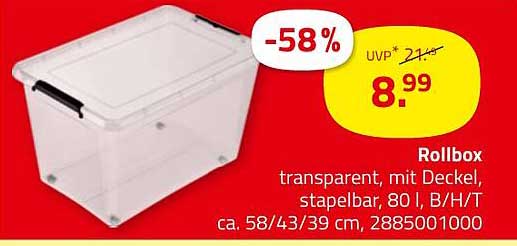 Rollbox transparent, mit Deckel, stapelbar, 80 l