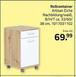Rollcontainer Artisan Eiche Nachbildung/weiß, B/H/T ca. 33/60/38 cm