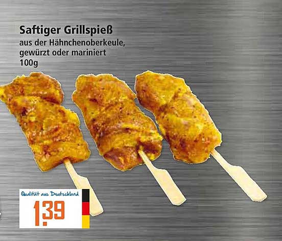 Saftiger Grillspieß aus der Hähnchenoberschale, gewürzt oder mariniert (100g)