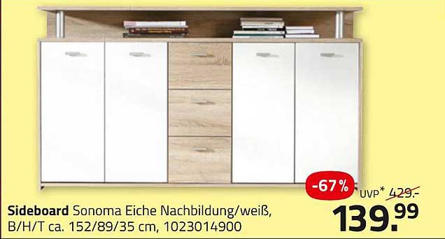 Sideboard Sonoma Eiche Nachbildung/weiß, B/H/T ca. 152/89/35 cm, 1023014900