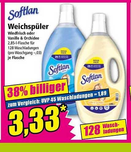 Softlan Weichspüler Windfrisch oder Vanille & Orchidee 2,85-l-Flasche für 128 Waschladungen