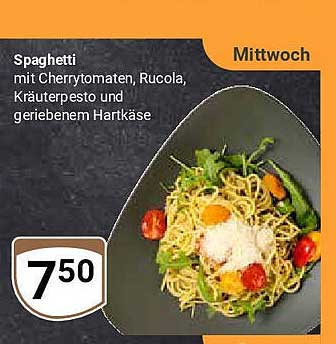 Spaghetti mit Cherrytomaten, Rucola, Kräuterpesto und geriebenem Hartkäse