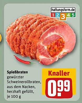 Spießbraten gewürzter Schweinerollbraten, aus dem Nacken, herzhaft gefüllt, je 100 g