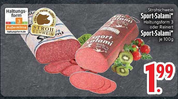 Sport-Salami von Strohschwein, Haltungsform 3 oder Reinert Sport-Salami, je 100g