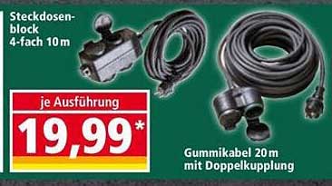 Steckdosenblock 4-fach 10 m und Gummikabel 20 m mit Doppelkuplung