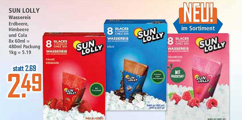 SUN LOLLY Wassereis Erdbeere, Himbeere und Cola 8x60ml Packung