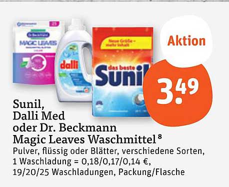 Sunil, Dalli Med oder Dr. Beckmann Magic Leaves Waschmittel, 1 Waschladung