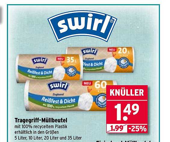 swirl Tragegriff-Müllbeutel mit 100% recyceltem Plastik