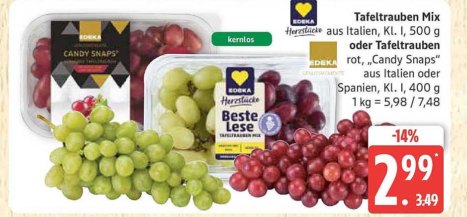 Tafeltrauben Mix aus Italien, Kl. I, 500 g oder Tafeltrauben rot, "Candy Snaps" aus Italien oder Spanien, Kl. I, 400 g