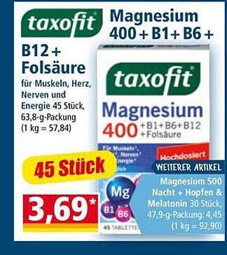taxofit Magnesium 400 + B1 + B6 + B12 + Folsäure 45 Stück