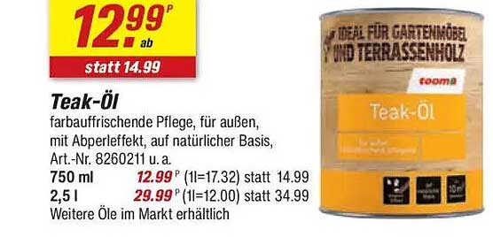 Teak-Öl 750 ml - Ideal für Gartennmöbel und Terrassenholz