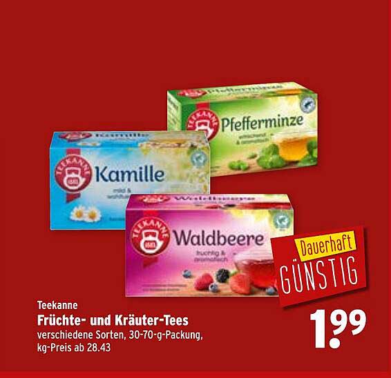 Teekanne Früchte- und Kräutertees, verschiedene Sorten, 30-70-g-Packung