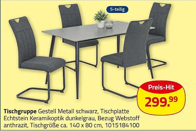 Tischgruppe 5-teilig – Gestell Metall schwarz, Tischplatte Echtstein Keramikoptik dunkelgrau, Bezug Webstoff anthrazit
