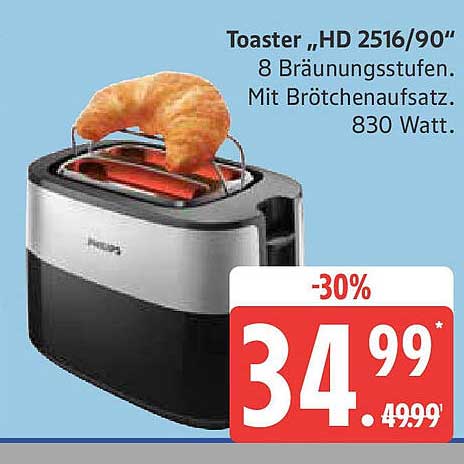 Toaster „HD 2516/90“ mit 8 Bräunungsstufen und Brötchenaufsatz