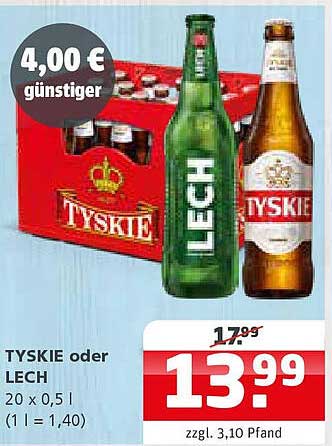 TYSKIE oder LECH 20 x 0,5 l – Jetzt im Angebot!