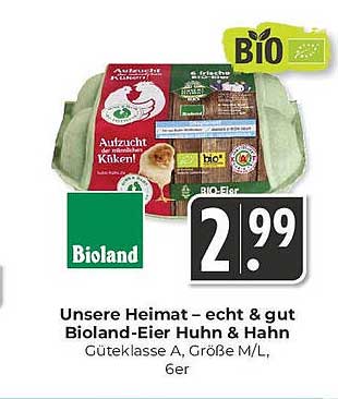 Unsere Heimat – echt & gut Bioland-Eier Huhn & Hahn, Güteklasse A, Größe M/L, 6er