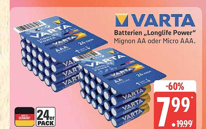 VARTA Batterien „Longlife Power“ Mignon AA oder Micro AAA - 24er Pack