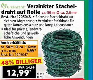 Verzinkter Stacheldraht auf Rolle ca. 50 m, Ø ca. 2,6 mm