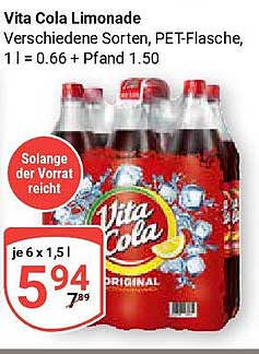 Vita Cola Limonade - Verschiedene Sorten, PET-Flasche, 1 l = 0,66 € + Pfand 1,50 €