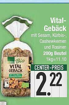 Vital-Gebäck mit Sesam, Kürbis- und Cashewkernen sowie Rosinen 200g Beutel
