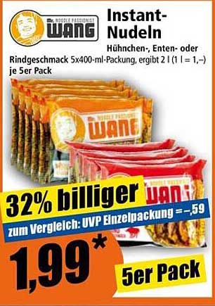 WANG Instant-Nudeln – Hühnchen-, Ente- oder Rindgeschmack 5x400-ml-Packung