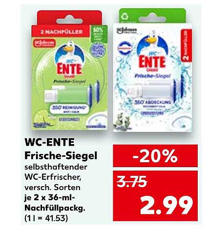 WC-ENTE Frische-Siegel selbsthaftender WC-Erfrischer, versch. Sorten je 2 x 36-ml-Nachfüllpack.