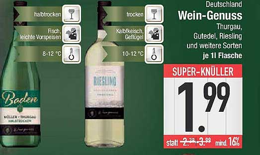 Wein-Genuss Thurgau, Gutedel, Riesling und weitere Sorten je 1l Flasche