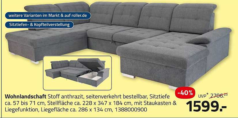 Wohnlandschaft Stoff anthrazit, seitenverkehrt bestellbar