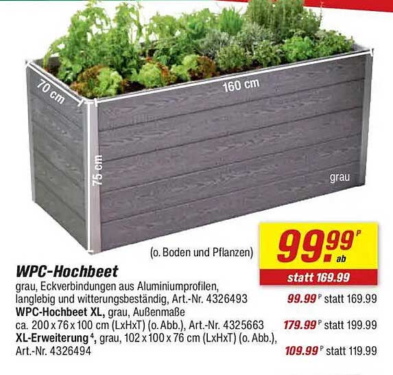 WPC-Hochbeet XL - grau, 200 x 76 x 100 cm