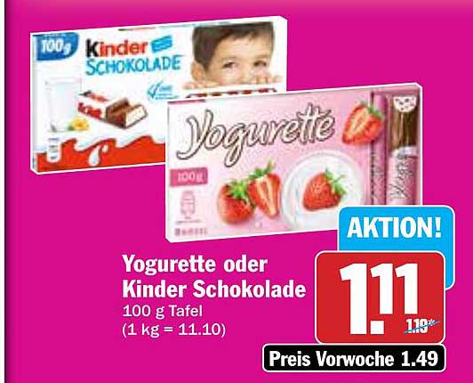 Yogurette oder Kinder Schokolade 100 g Tafel