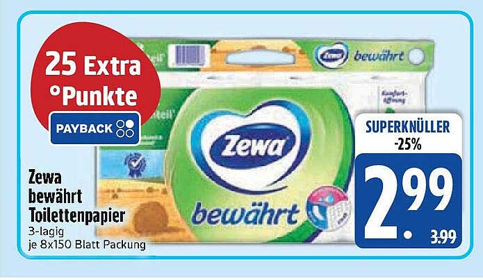 Zewa bewährt Toilettenpapier 3-lagig je 8x150 Blatt Packung