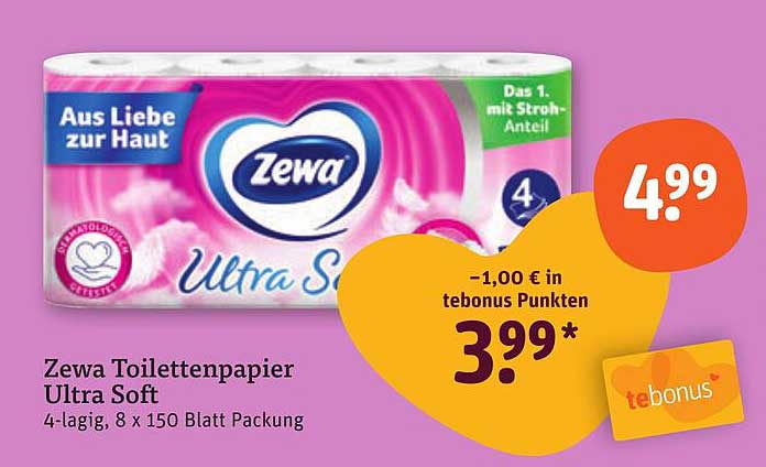 Zewa Toilettenpapier Ultra Soft 4-lagig, 8 x 150 Blatt Packung