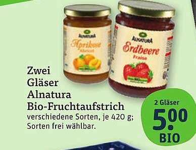 Zwei Gläser Alnatura Bio-Fruchtaufstrich, verschiedene Sorten, je 420 g - 5,00 €